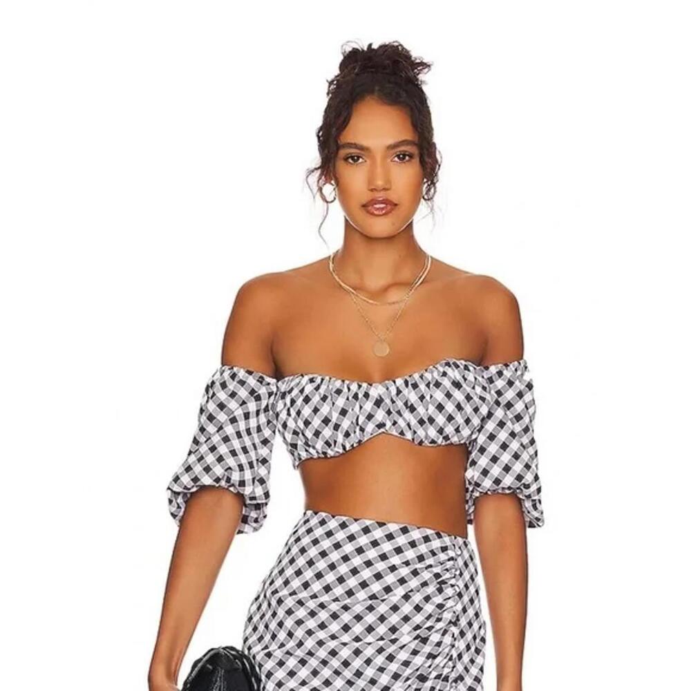 NWT! Rumer the Label Bisou Crop Gingham Puff Sleeve Crop Top XS
